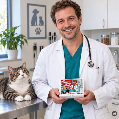 Der schärfste Veterinär der Welt – kleine Geschenkbox in der Hand (AI)