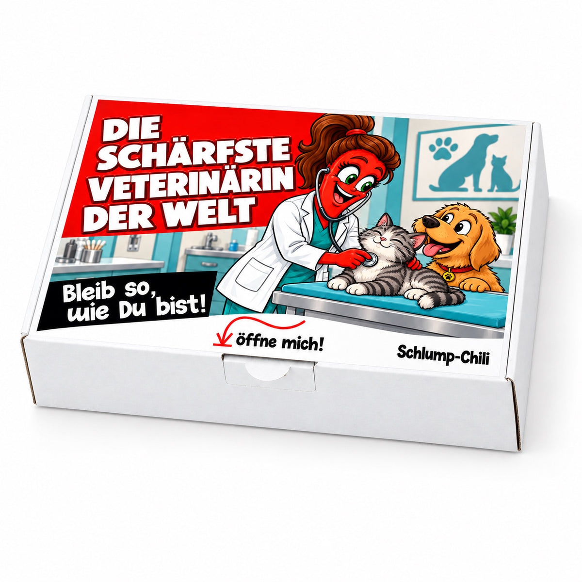 Die schärfste Veterinärin der Welt – weiße Geschenkbox, Schrägansicht