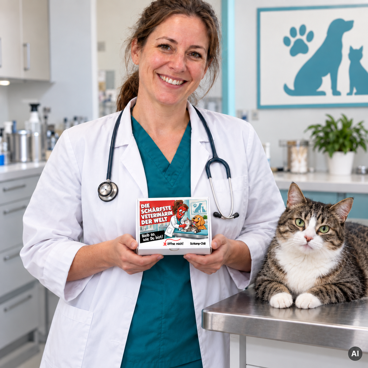 Die schärfste Veterinärin der Welt – kleine Geschenkbox in der Hand (AI)