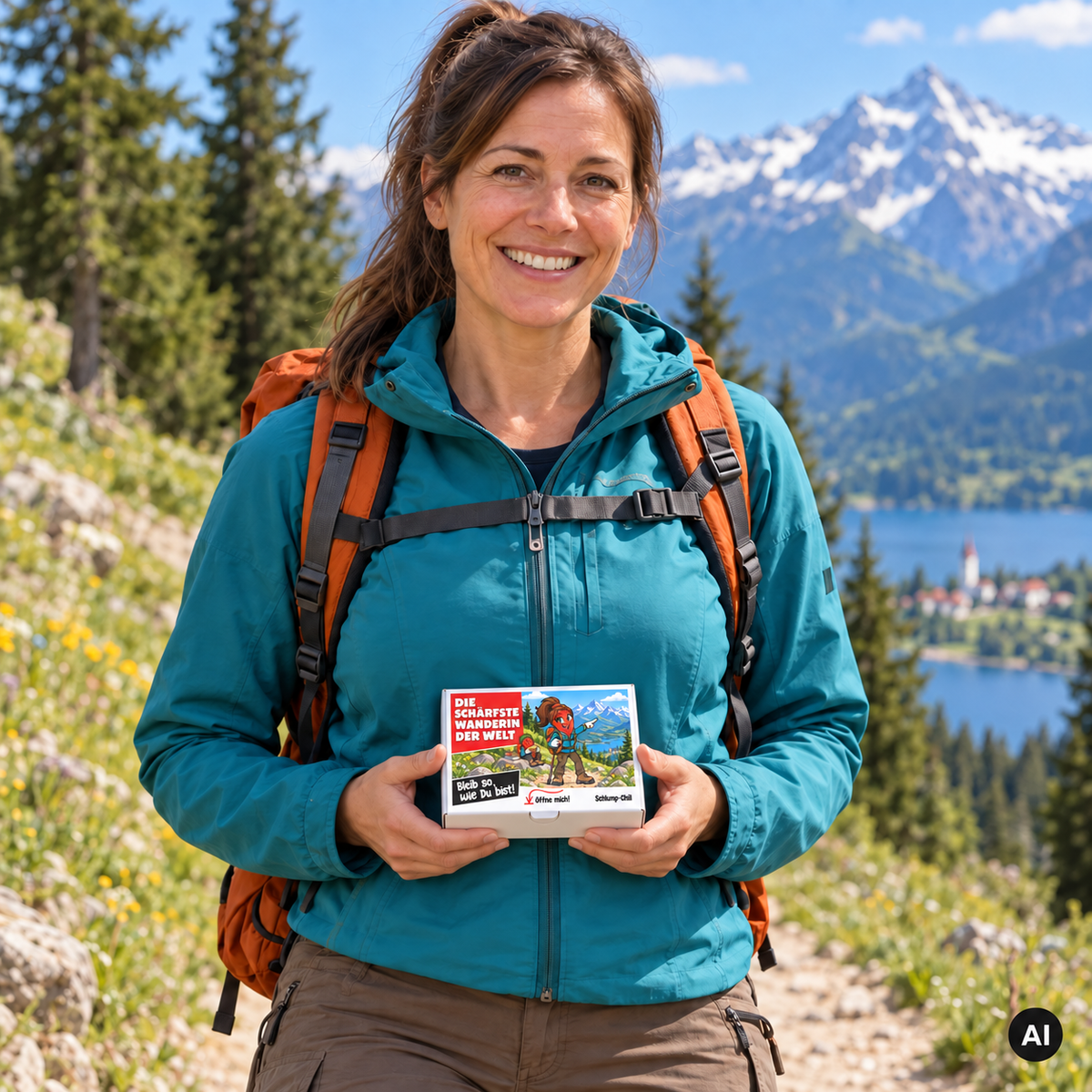 Die schärfste Wanderin der Welt – Lifestylebild mit kleiner A6-Geschenkschachtel