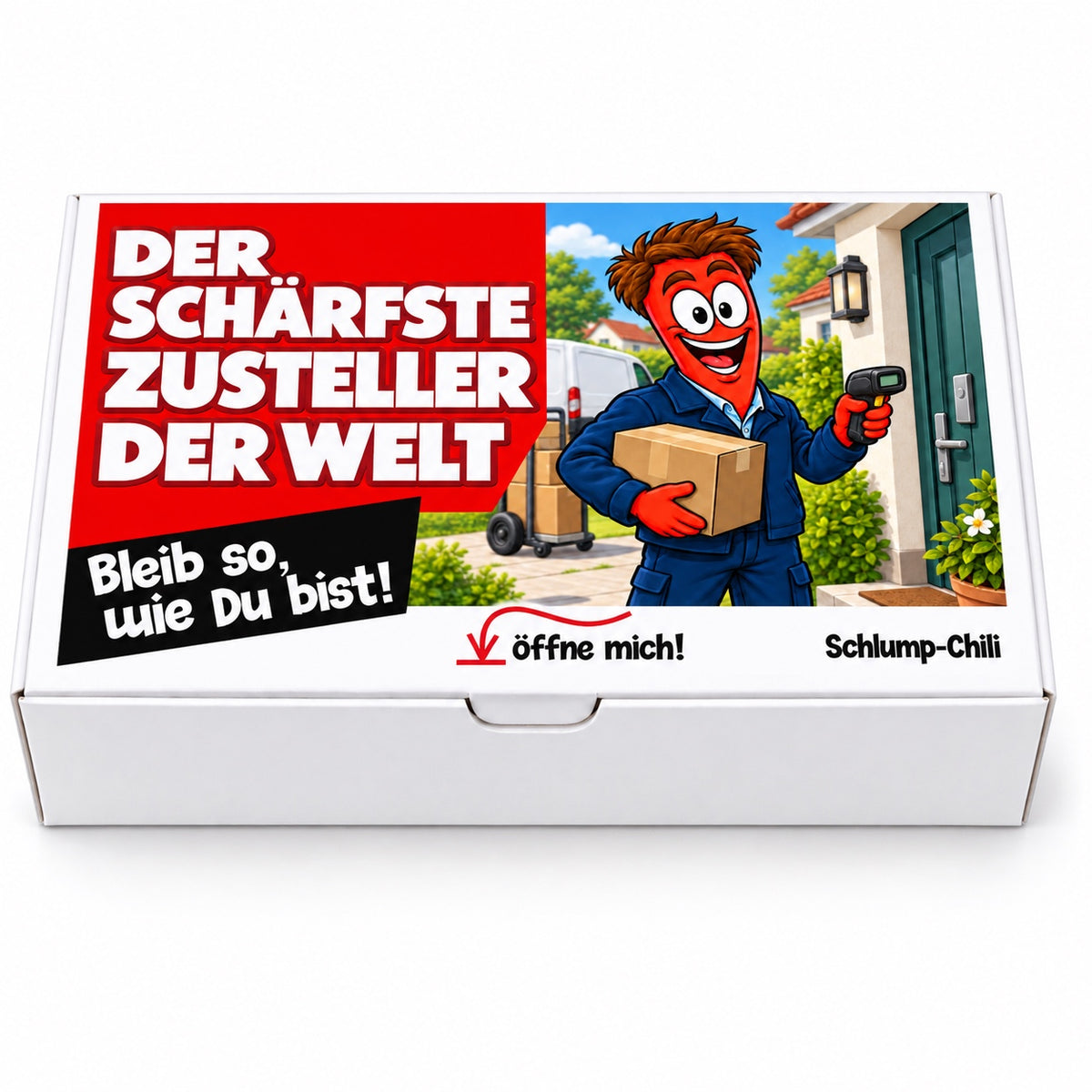 Der schärfste Zusteller der Welt – Geschenkbox Vorderansicht