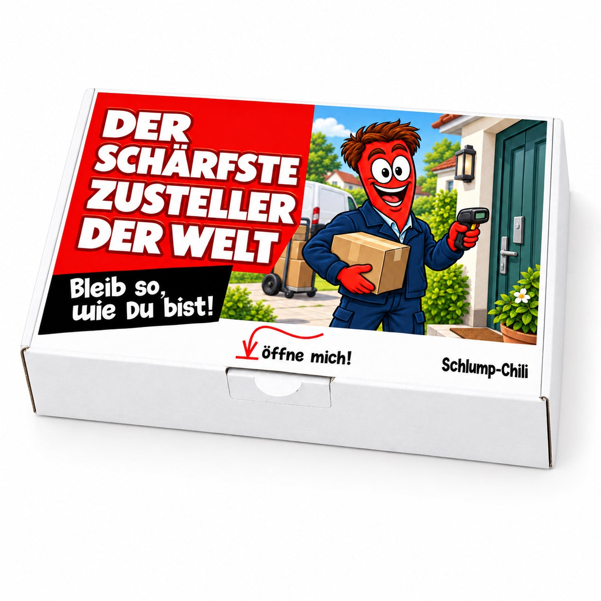 Der schärfste Zusteller der Welt – Geschenkbox Schrägansicht