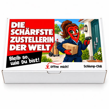 Die schärfste Zustellerin der Welt – Geschenkbox Vorderansicht