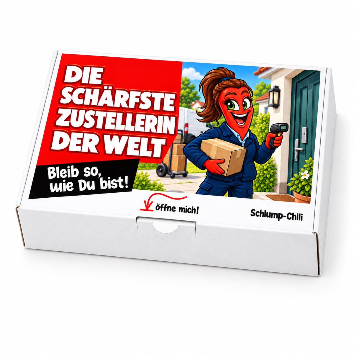 Die schärfste Zustellerin der Welt – Geschenkbox Schrägansicht